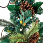 Village Lighting Company 9 ft. Pre-Lit LED Magnolia Leaf Garland with Pinecones and Warm White Lights thumbnail 3