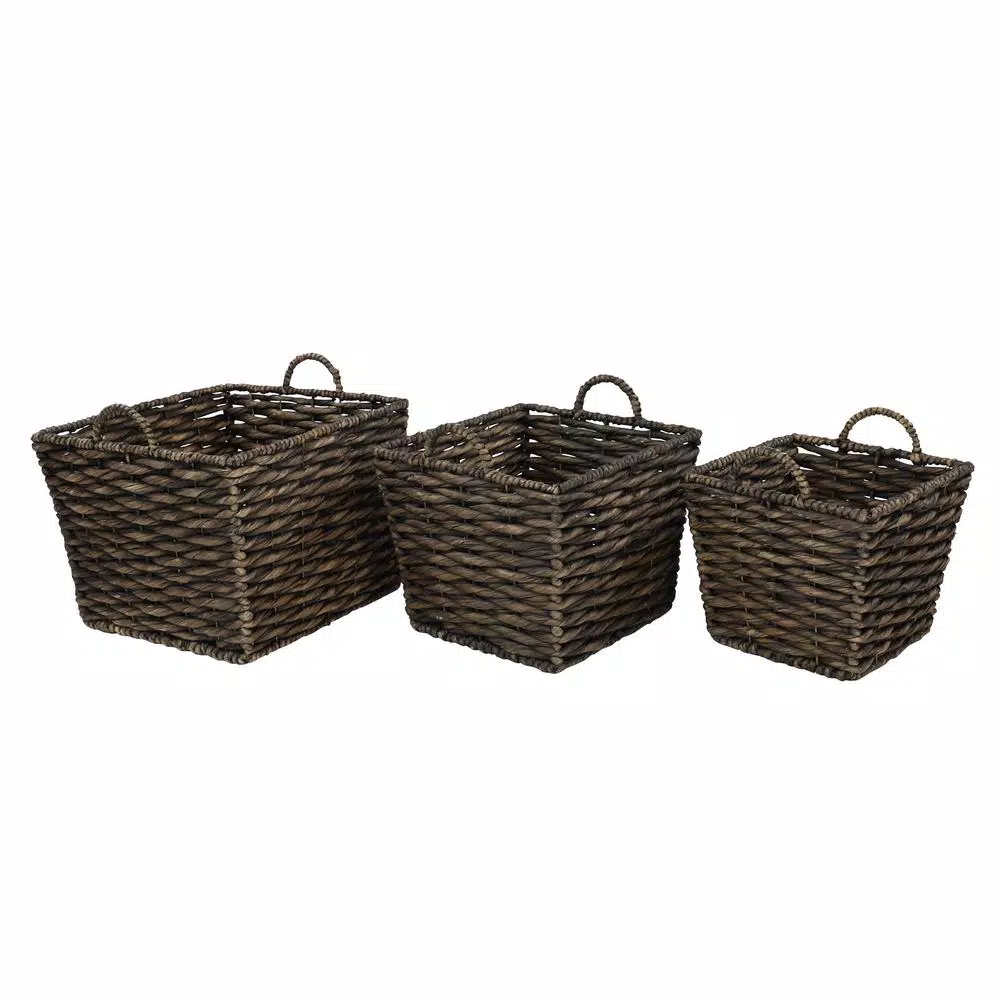 LITTON LANE Large Square Water Hyacinth Wicker Storage Baskets, Dark Brown (Set of 3)