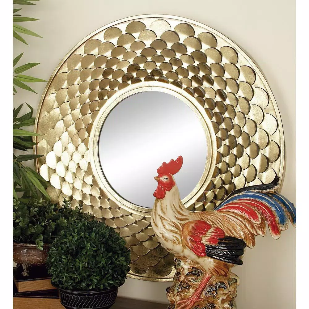 LITTON LANE 32 in. Round Gold Contemporary Iron Accent Mirror with Raised Scale Pattern