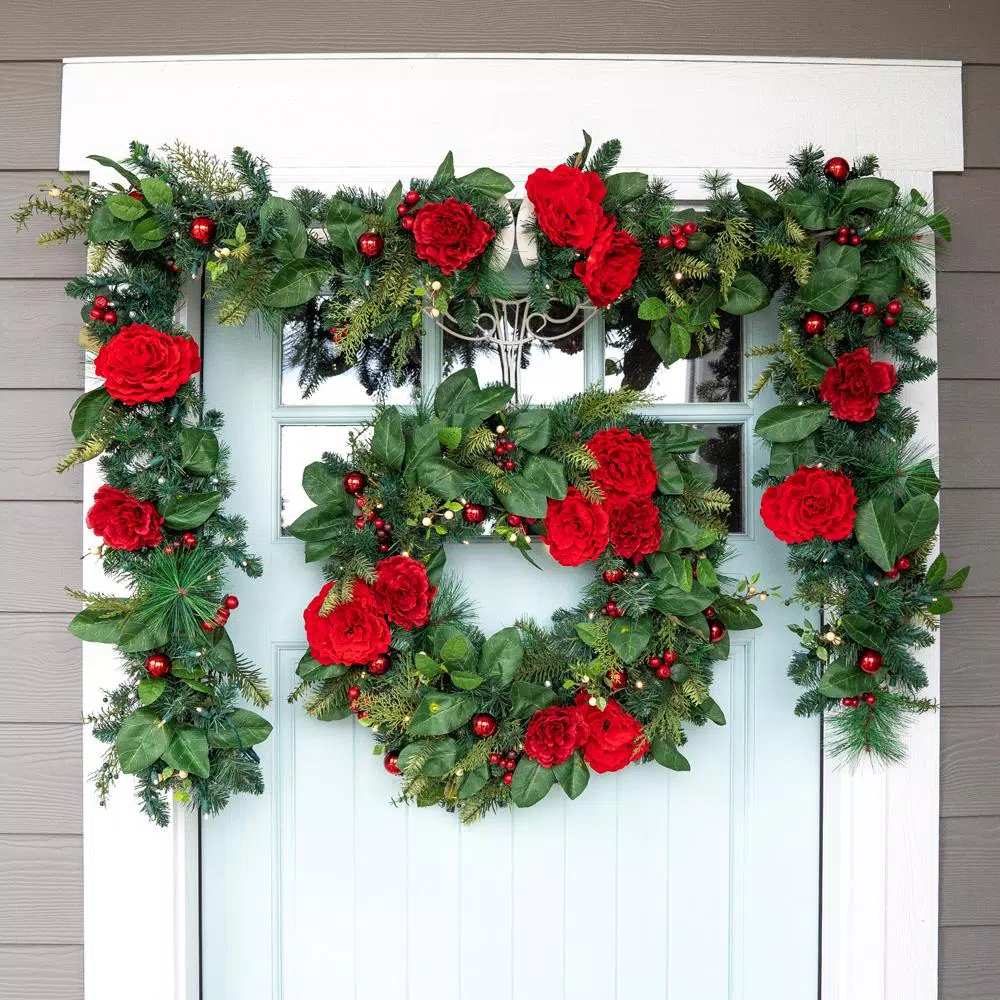 Unbranded 9 ft. Pre-Lit LED Red Peonies and Berry Garland with Remote Control