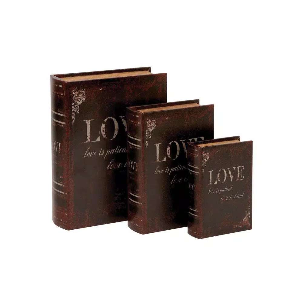 LITTON LANE Vintage Rectangular Wood and Faux Leather Love Book Boxes, Set of 3