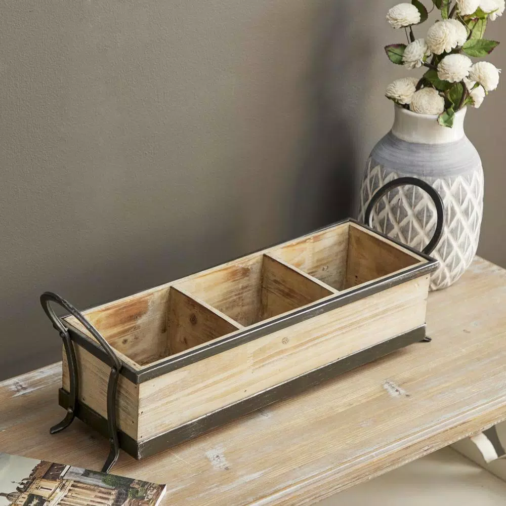 LITTON LANE Rustic Elegance 23" Wood and Iron 3-Compartment Rectangular Farmhouse Tray
