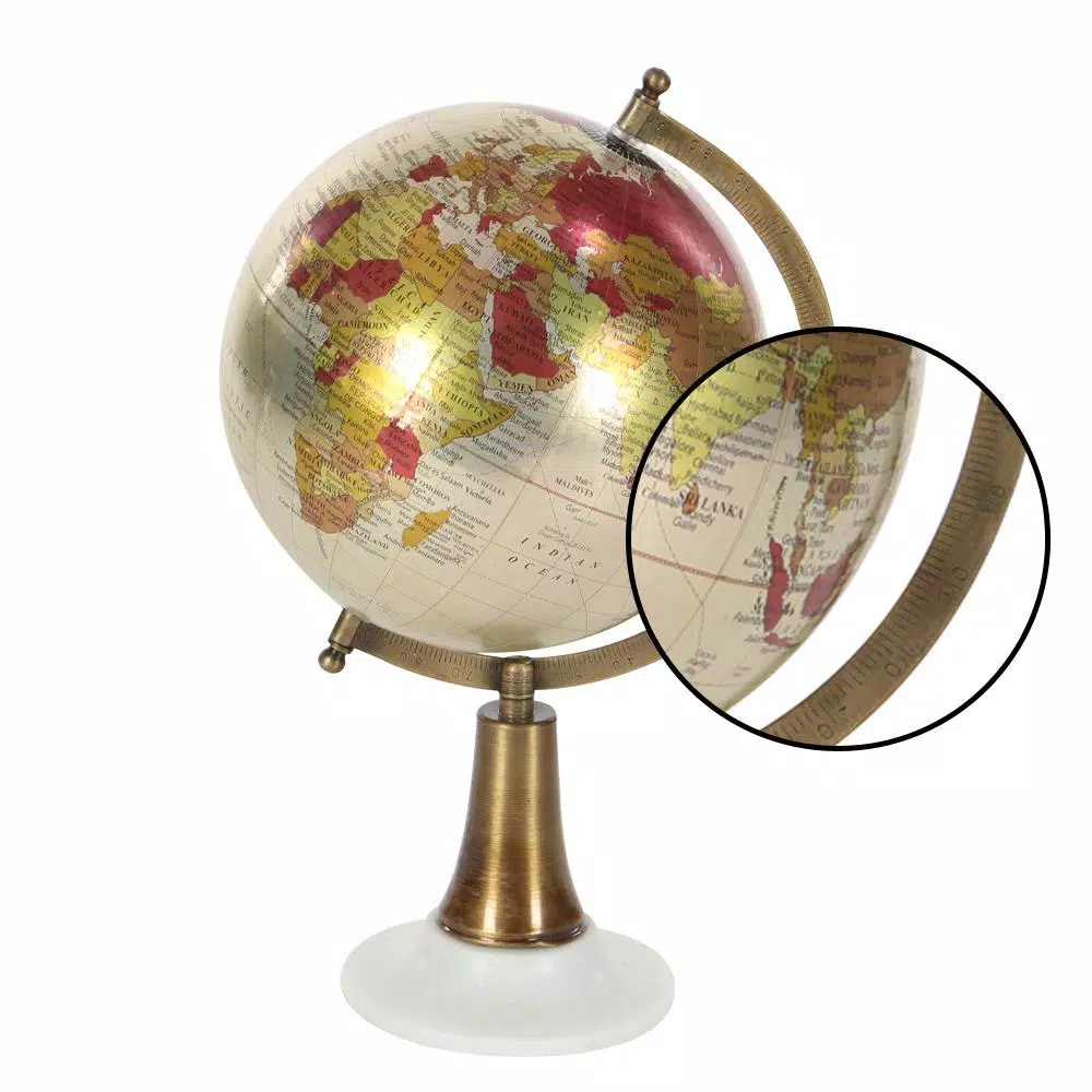 LITTON LANE Modern Reflections 15 in. Decorative Globe with Bronze Iron Axis and White Marble Base