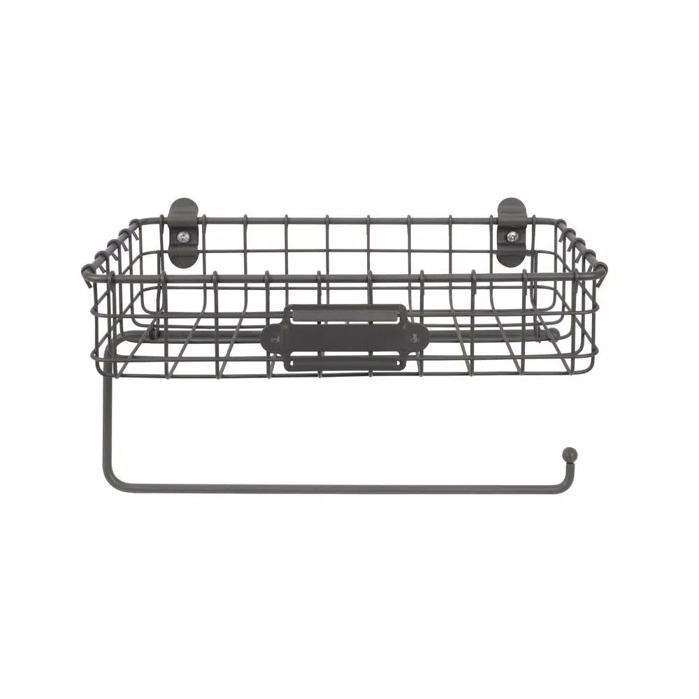 Spectrum Vintage Living Wall Mount Basket with Paper Towel Holder, Industrial Gray Steel