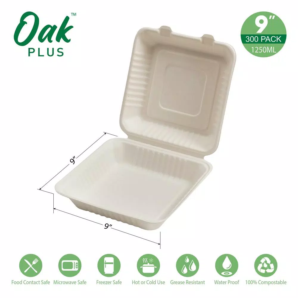 Unbranded 9 in. White Sugarcane Clamshell Containers, 300 Pack - Eco-Friendly & Compostable