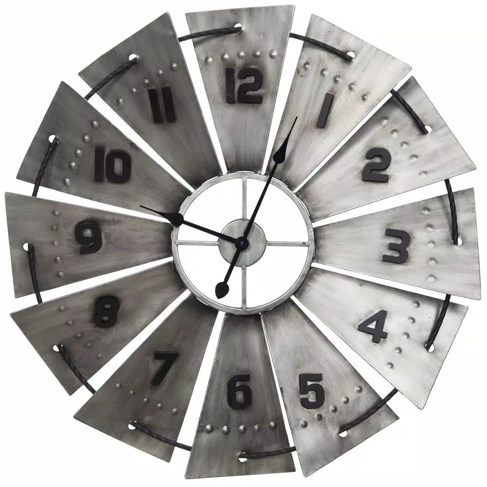 Pinnacle Rustic Galvanized Metal Windmill Wall Clock, 31-in Oversized Farmhouse Decor