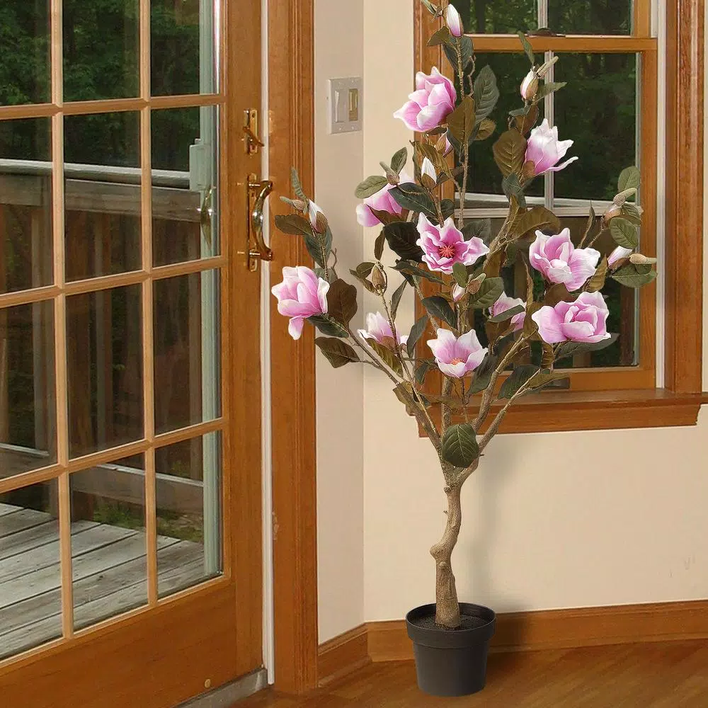 National Tree Company 48 in. Pink Magnolia Artificial Flower Tree in Matte Black Pot