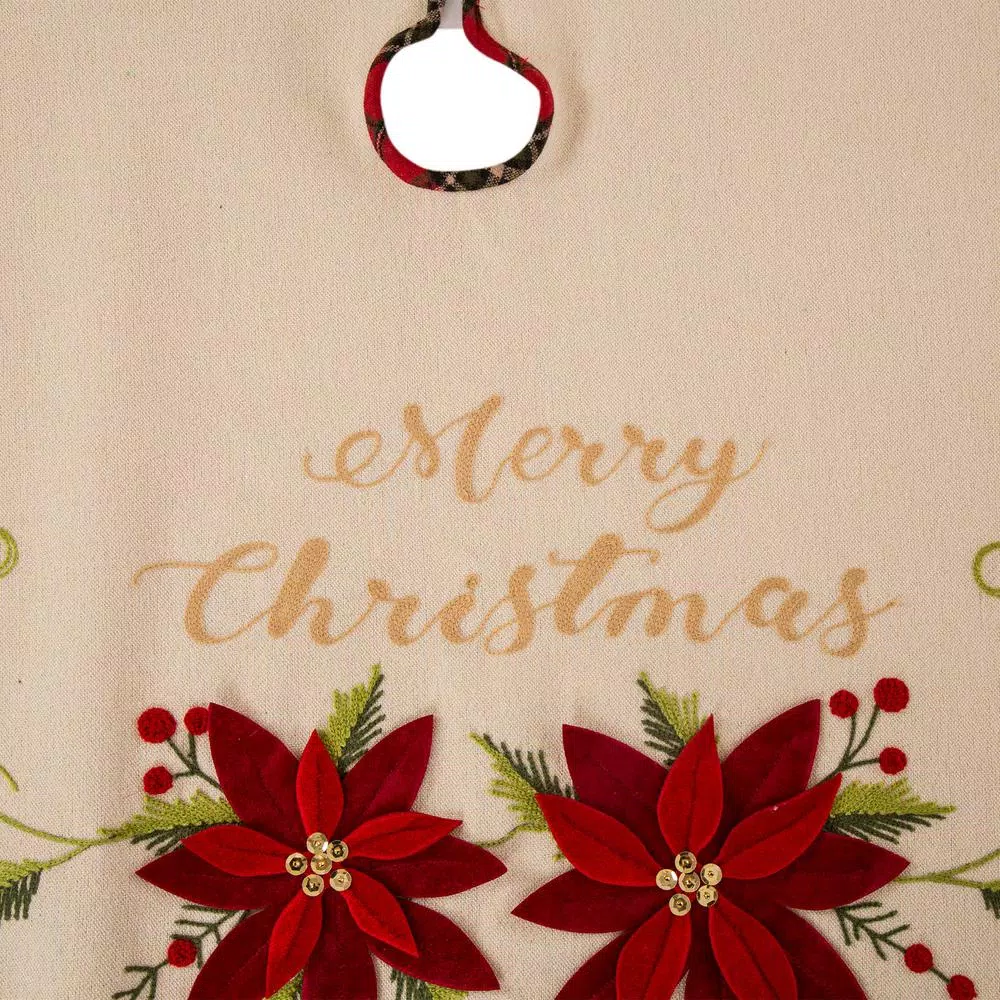 Glitzhome 48 in. Poinsettia Fabric Christmas Tree Skirt with Holly and Red Berries