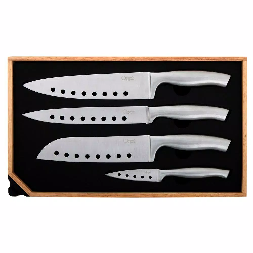Ozeri 5-Piece Japanese Stainless Steel Knife Set with Built-in Sharpener and Wooden Case