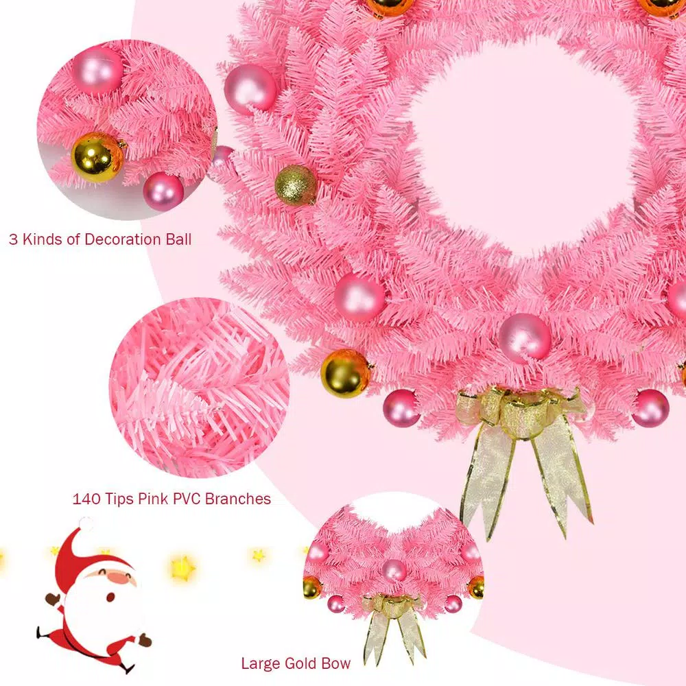 Costway 24 in. Pink Artificial PVC Christmas Wreath with Ornament Balls and Golden Bow