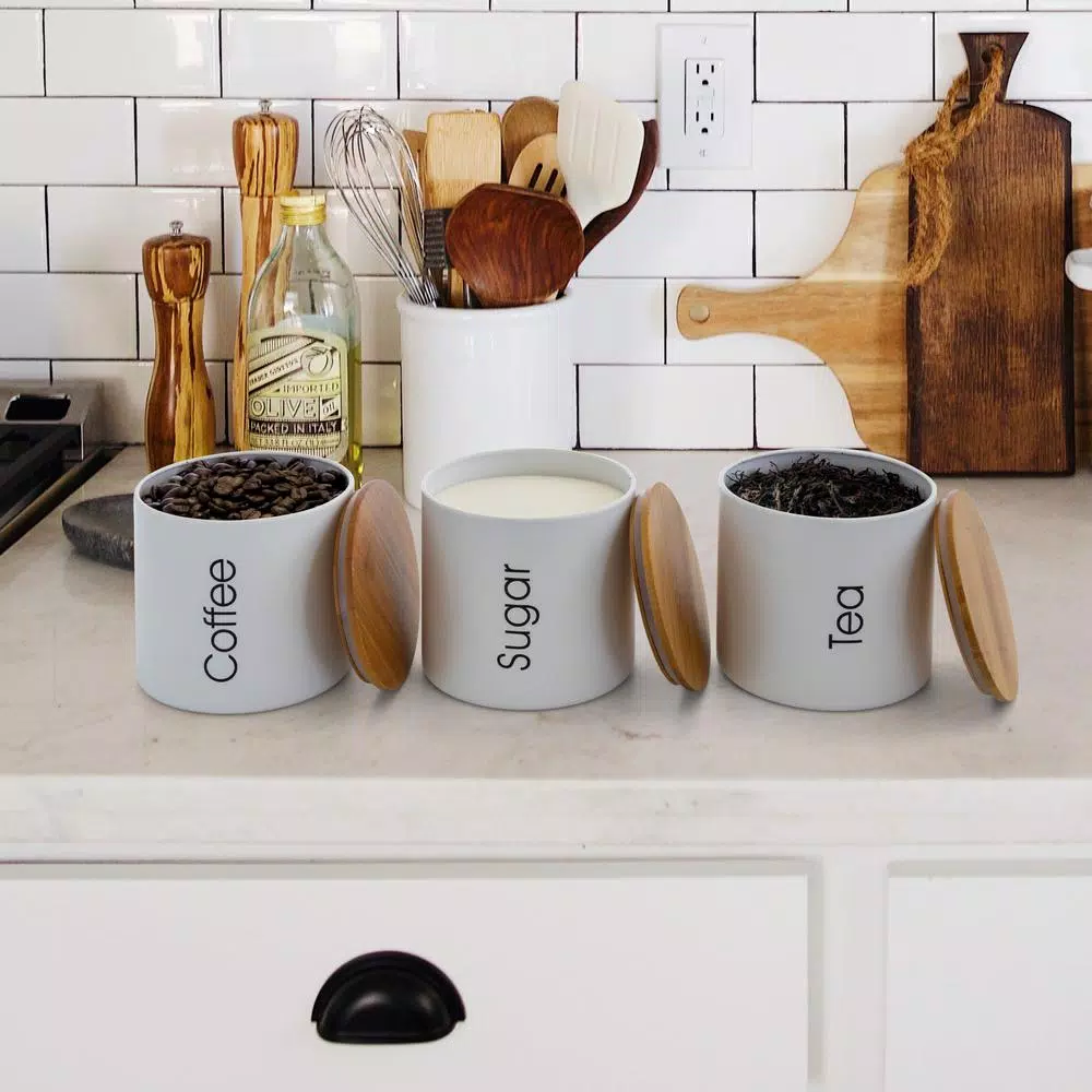 MegaChef 5-Piece Metal Kitchen Canister Set with Bamboo Lids and Bread Box