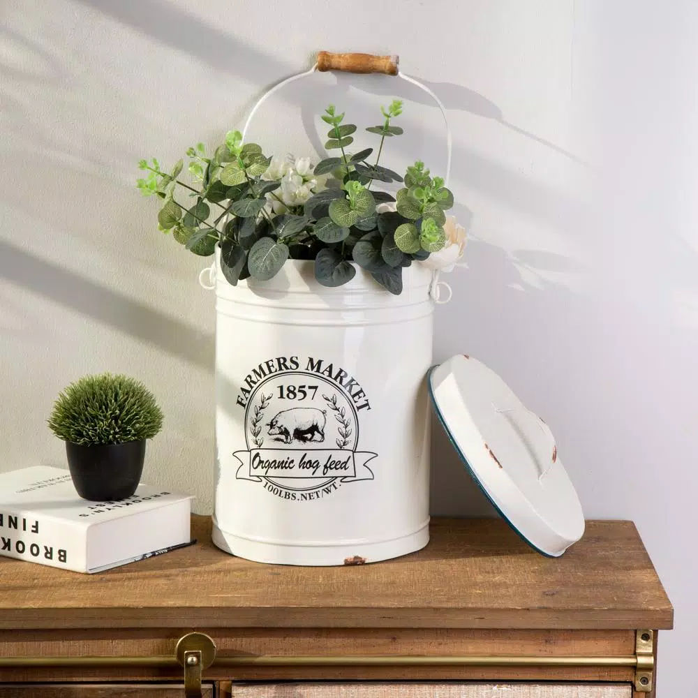 Glitzhome 13 in. Farmhouse Enamel Metal Canister with Wire Handle and Distressed Finish