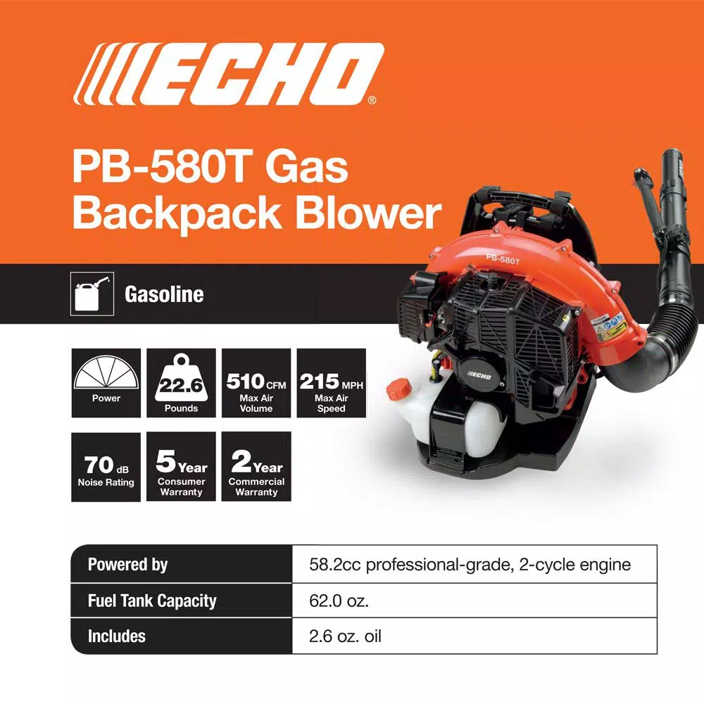 ECHO PB-580T 58.2cc Gas Backpack Leaf Blower, 517 CFM, 216 MPH
