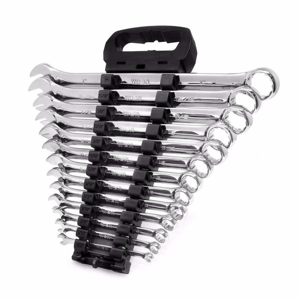 WEN 13-Piece SAE Combination Wrench Set with Storage Rack, Chrome Vanadium Steel