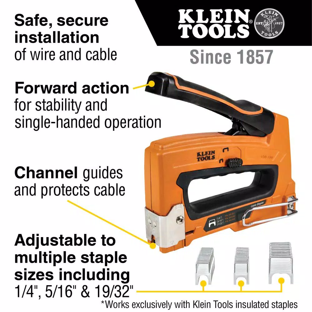 Klein Tools Cable Stapler with 300-Pack Insulated Staples for Voice, Data, Video, and NM (Romex) Cable