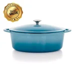 MegaChef 7 Qt. Oval Enameled Cast Iron Casserole Dish with Lid, Blue thumbnail 1