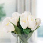 Pure Garden 8.5 in. Cream Tulip Floral Arrangement in Square Glass Vase thumbnail 4