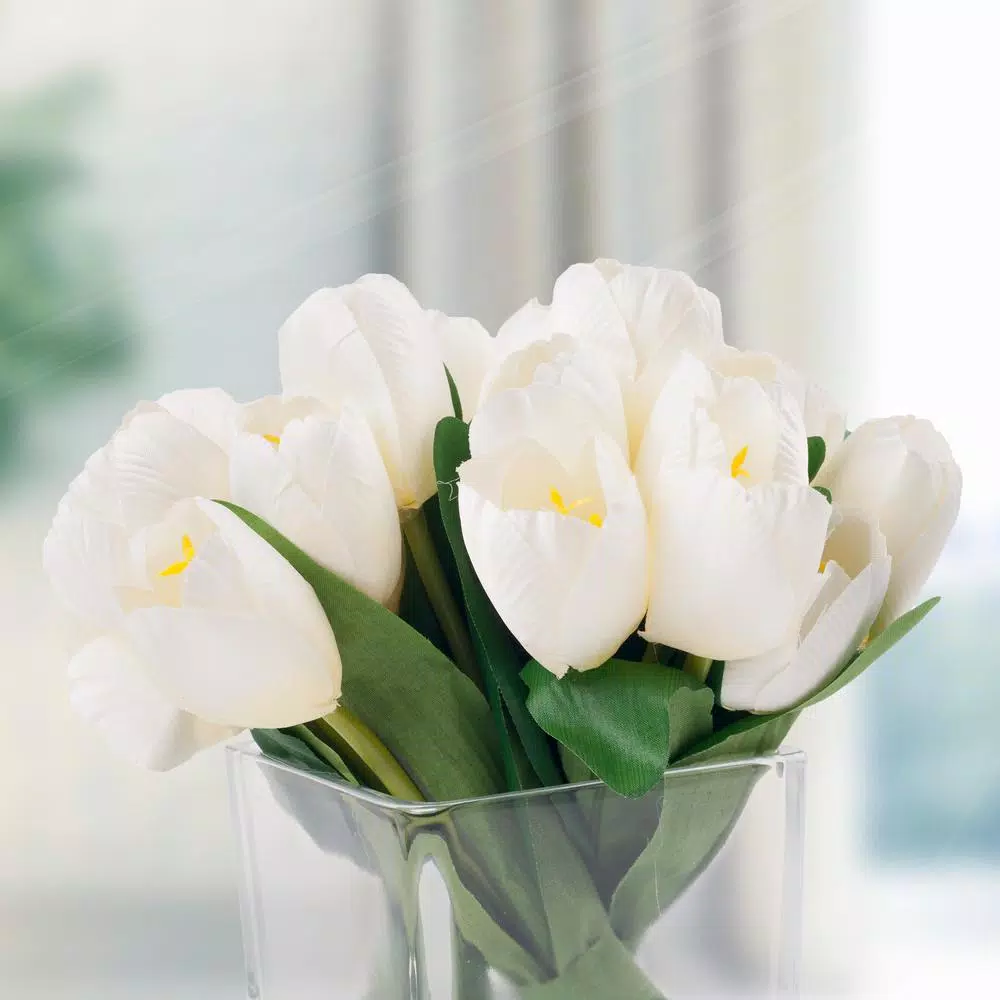 Pure Garden 8.5 in. Cream Tulip Floral Arrangement in Square Glass Vase