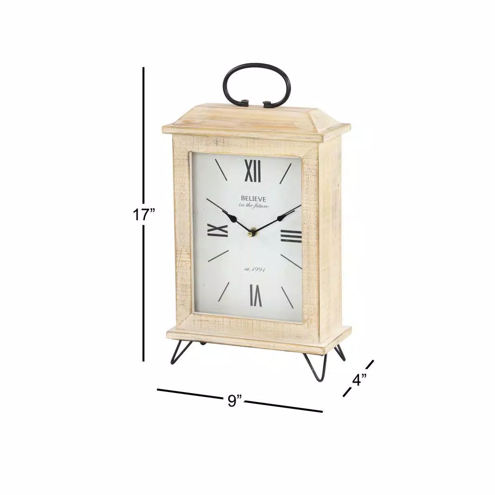 LITTON LANE Farmhouse Rectangular Whitewashed Beige Wooden Table Clock with Roman Numerals