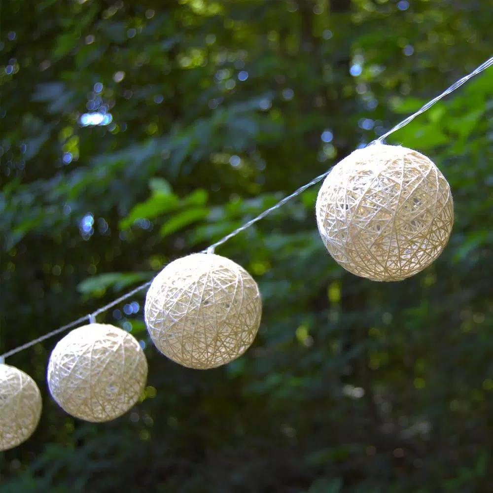 LUMABASE 20-Light Solar Cotton Globe String Lights, Warm White LED Outdoor Decorative Lights