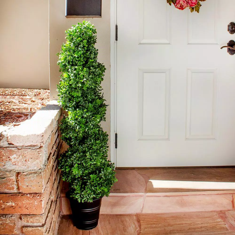 Nearly Natural 48 in. Boxwood Spiral Topiary with Gray Planter - Indoor/Outdoor Artificial Plant
