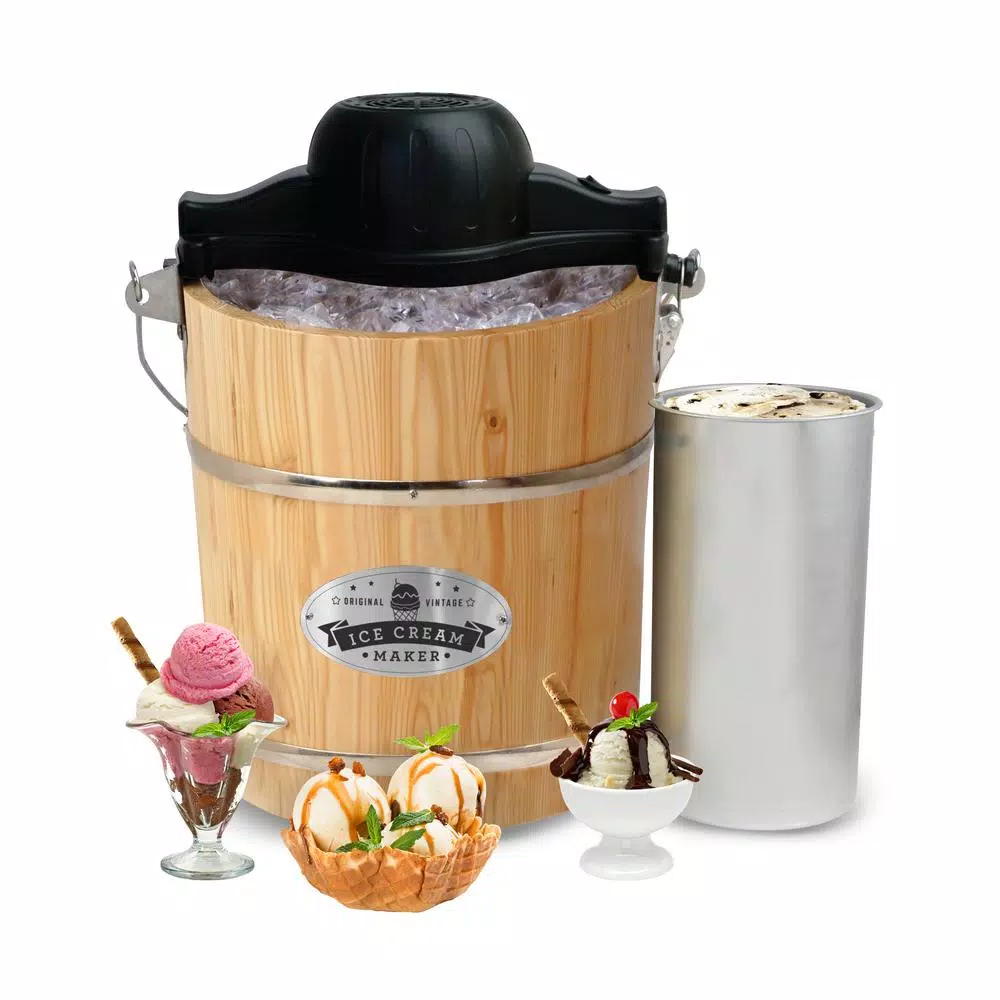 Maximatic Elite Gourmet 4Qt. Old Fashioned Pine Wood Electric & Manual Ice Cream Maker