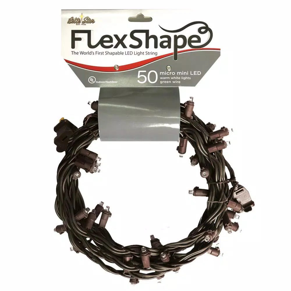 Brite Star 50-Light Pure White Micro Mini Flex-Shape LED String Lights, Brown Wire