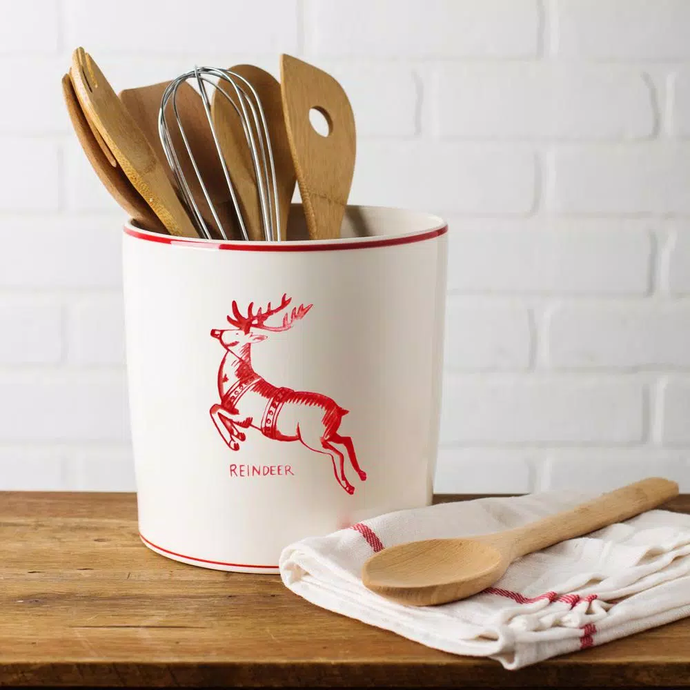 Molly Hatch White Reindeer Ceramic Round Utensil Crock, 7 in.