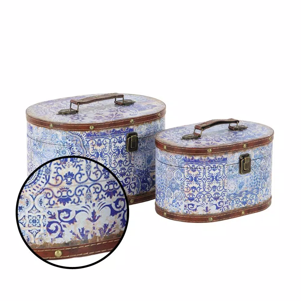 LITTON LANE Vintage Oval Wood and Faux Leather Case-Style Storage Boxes with Lids (Set of 2)