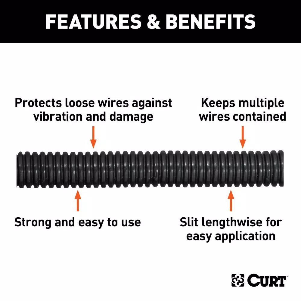 CURT 1/2" Convoluted Slit Loom Tubing, 25ft Black Wire Conduit