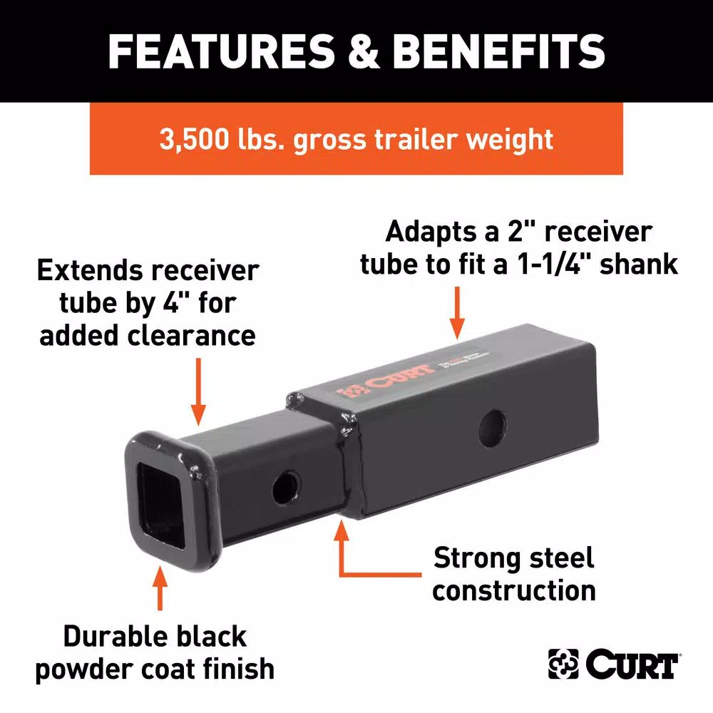 CURT Receiver Tube Adapter, 2" to 1-1/4" Shank, 4" Extension, 3,500 lbs. GTW