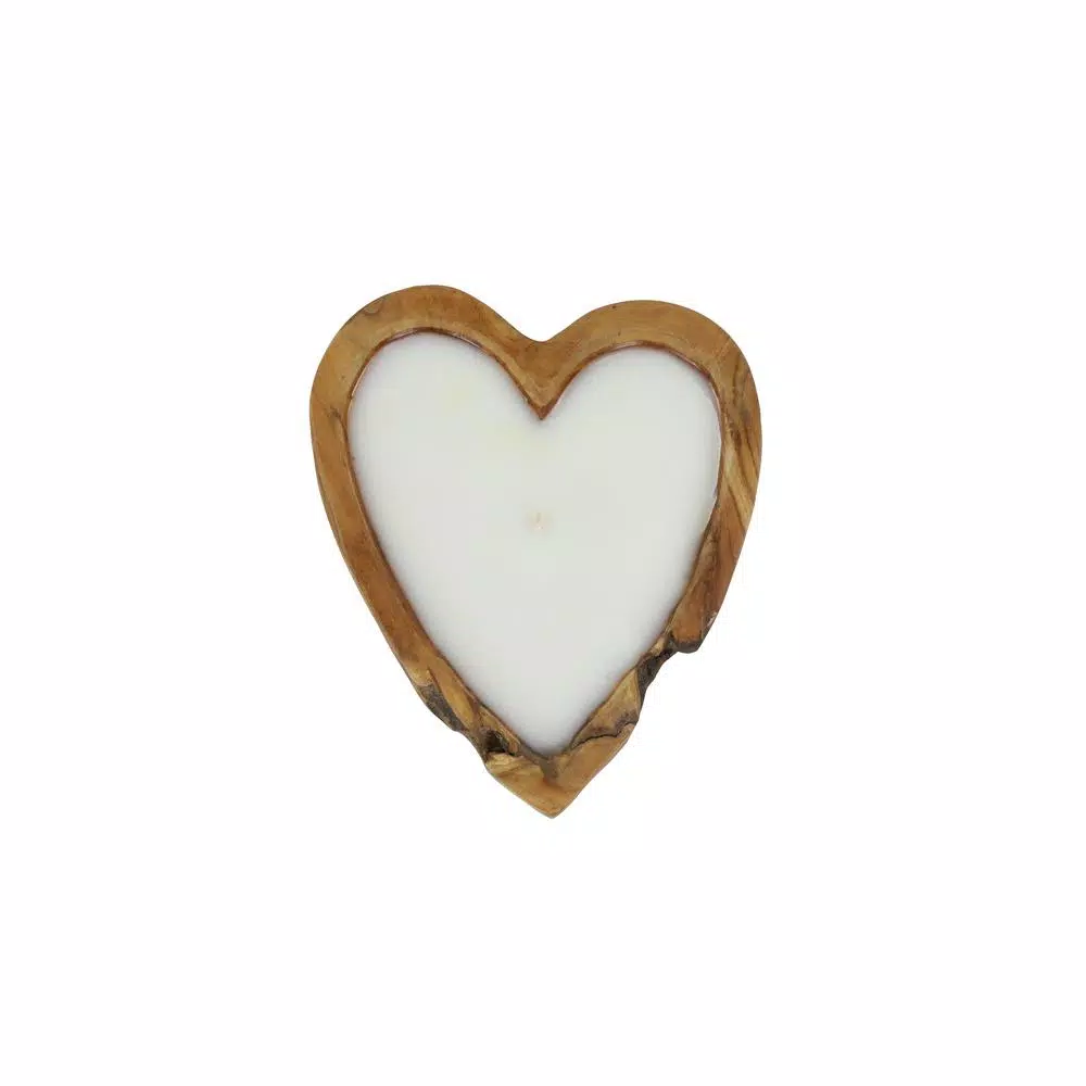LITTON LANE Large Heart-Shaped Reclaimed Teak Wood Candle Holder with Unscented White Wax