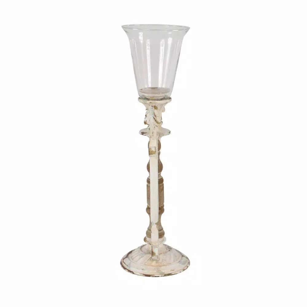 LITTON LANE Distressed White Wood, Glass and Metal Hurricane Candle Holder