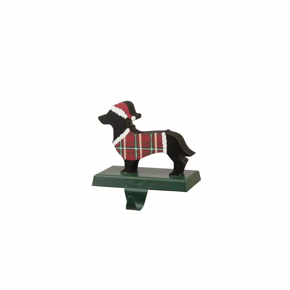 Glitzhome Dachshund Wooden and Metal Stocking Holder, Plaid Outfit & Santa Hat Holiday Decor