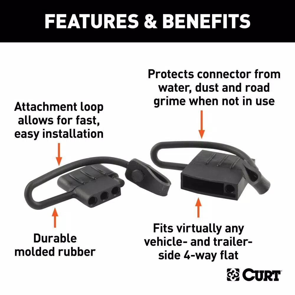 CURT 4-Way Flat Connector Dust Cover Set - Black Rubber Trailer Plug and Socket Covers