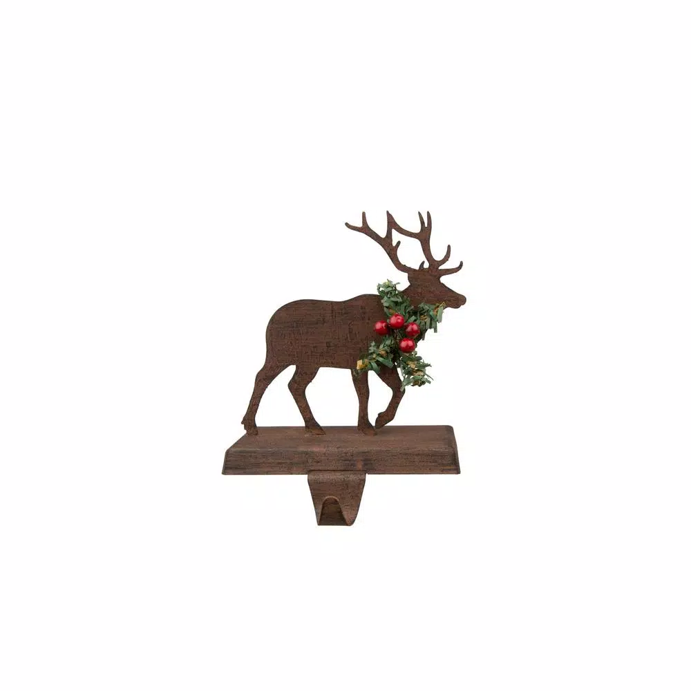 Glitzhome 6.50 in. Reindeer Stocking Holder with Green Garlands and Red Berries, Wooden and Metal