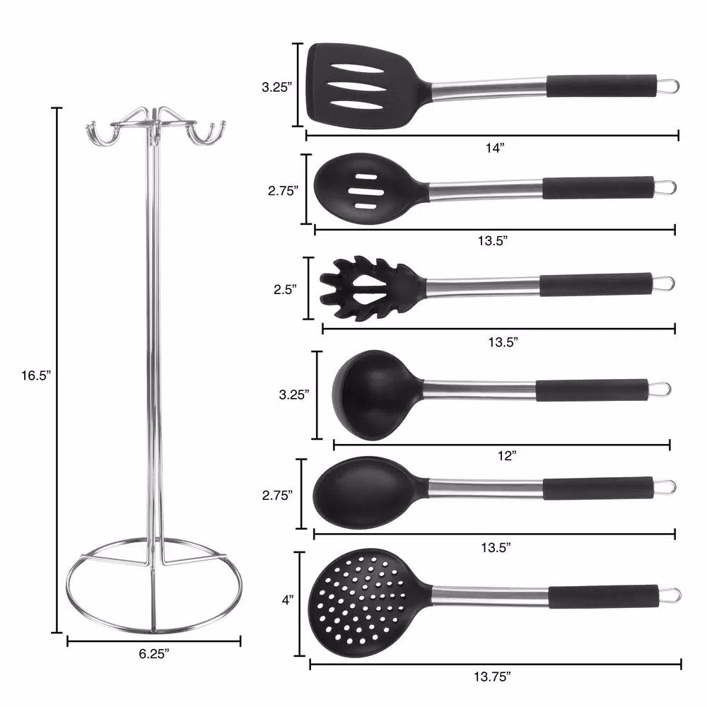 Classic Cuisine 7-Piece Stainless Steel and Silicone Kitchen Utensil Set with Holder
