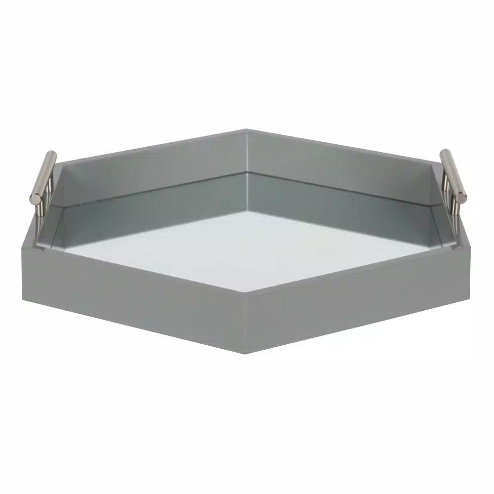 Kate and Laurel Lipton Gray Hexagon Decorative Tray with Mirrored Base and Polished Metal Handles