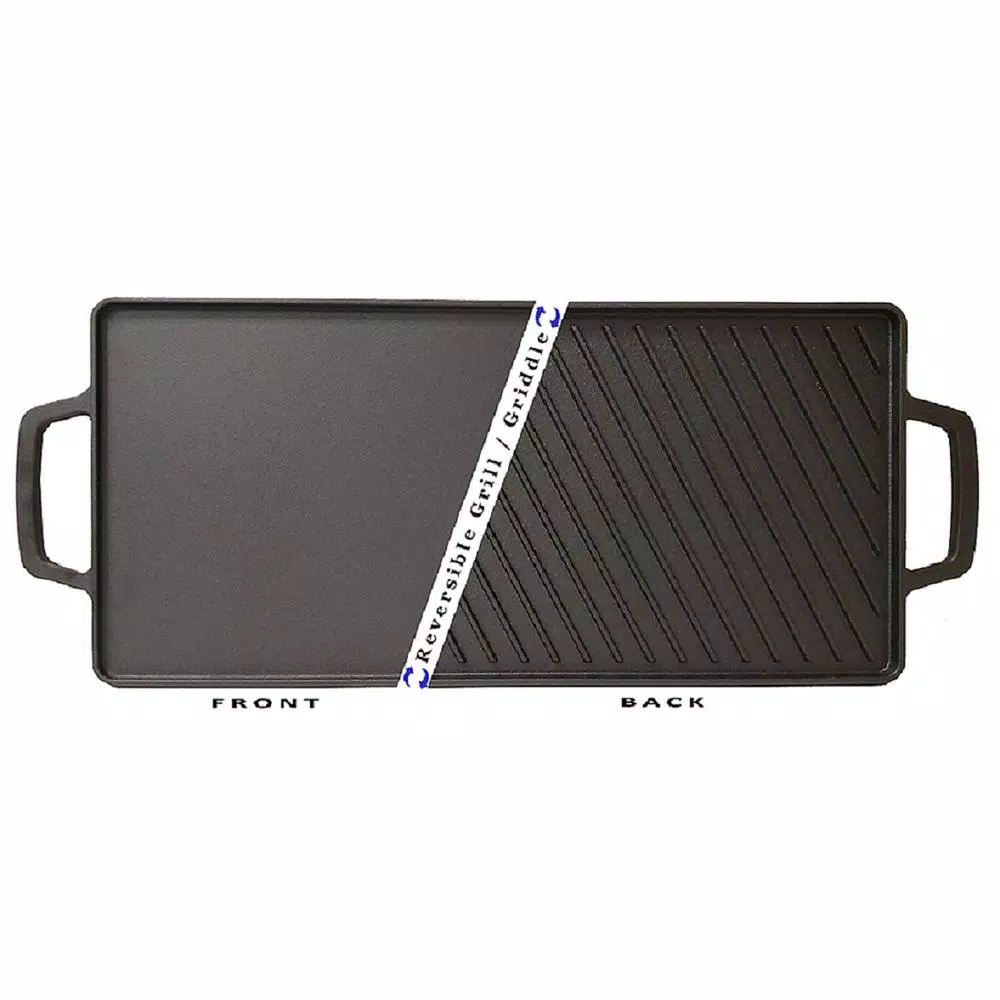 Basic Essentials 18 in. Cast Iron Rectangular Double Reversible Grill and Griddle, Pre-Seasoned Non-Stick