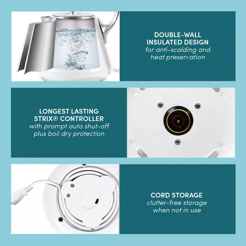 Elite Platinum 1.2L White Cool-Touch Stainless Steel Electric Kettle, 1350W