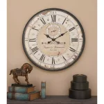 LITTON LANE 32 in. Round Rustic Black Iron and Wood Antique Roman Numeral Wall Clock thumbnail 8
