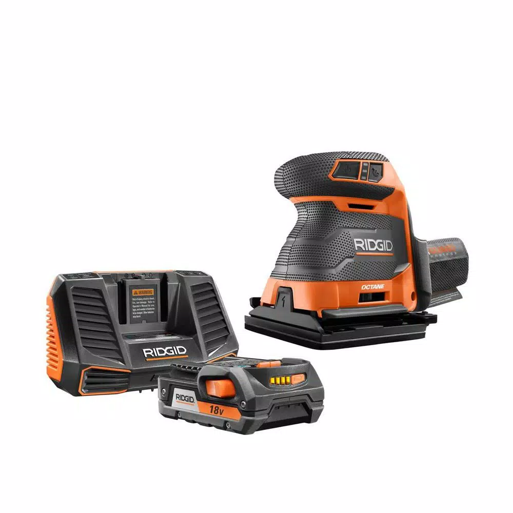 RIDGID 18V OCTANE Cordless Brushless 3-Speed 1/4 Sheet Sander Kit with 2.0 Ah Battery and Charger