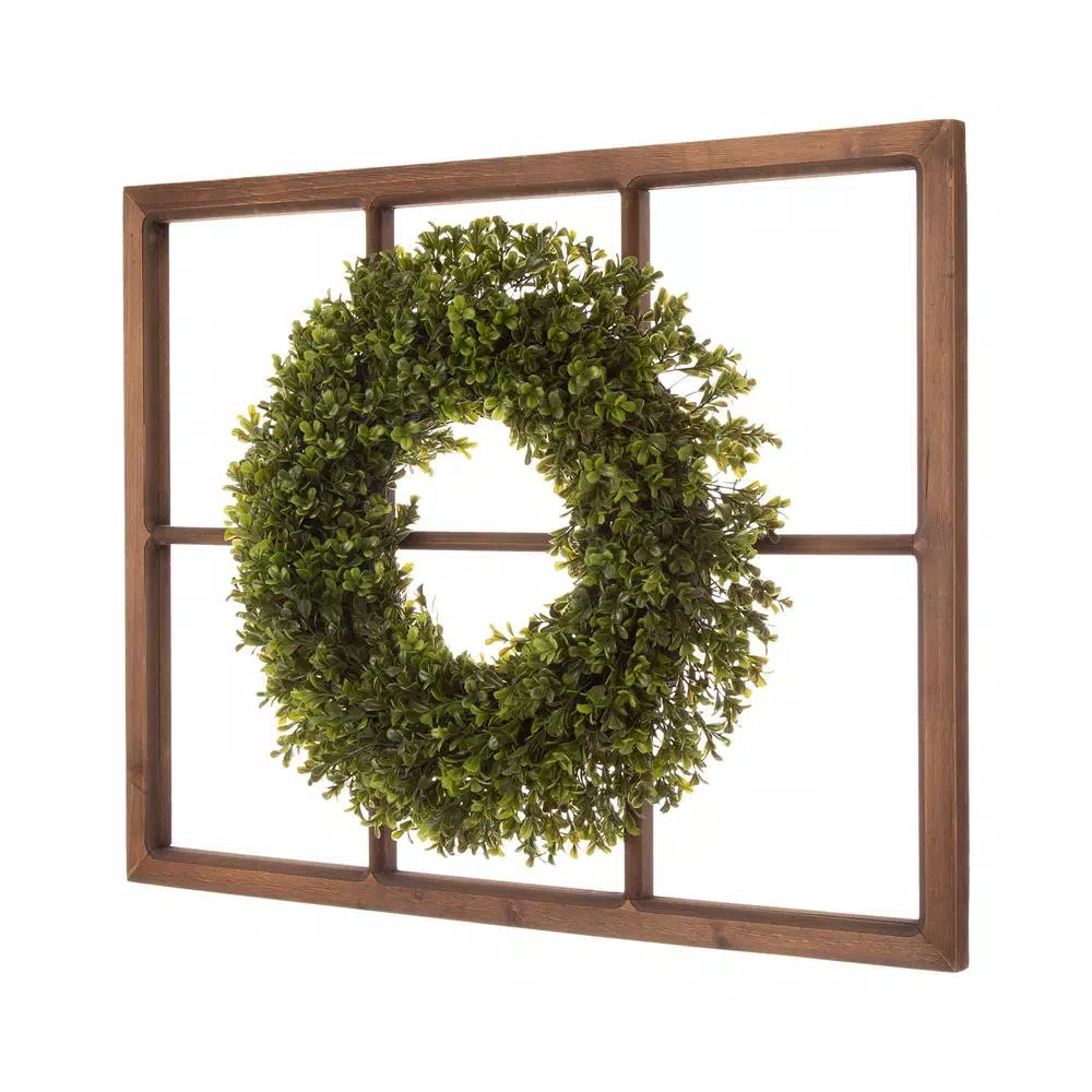Glitzhome 18 in. Boxwood Wreath with 28 in. Wooden Window Frame Decor