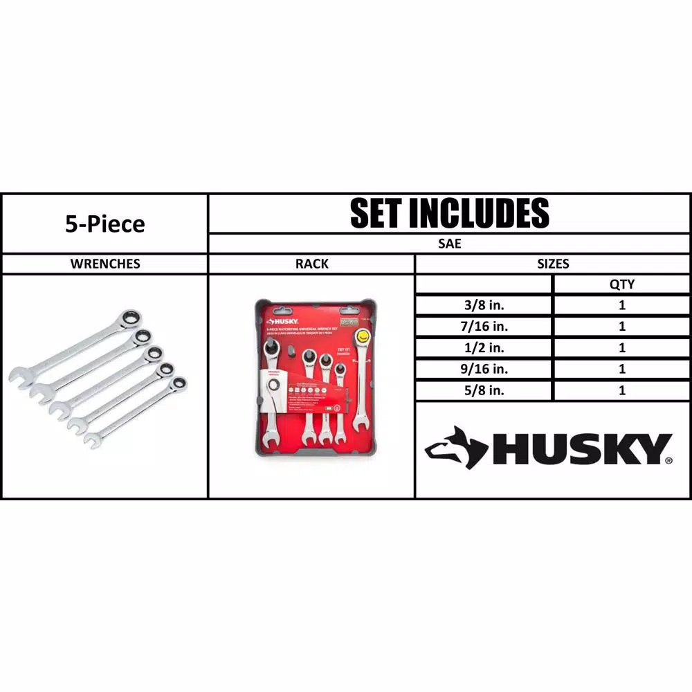 Husky 5-Piece SAE Ratcheting Combination Wrench Set