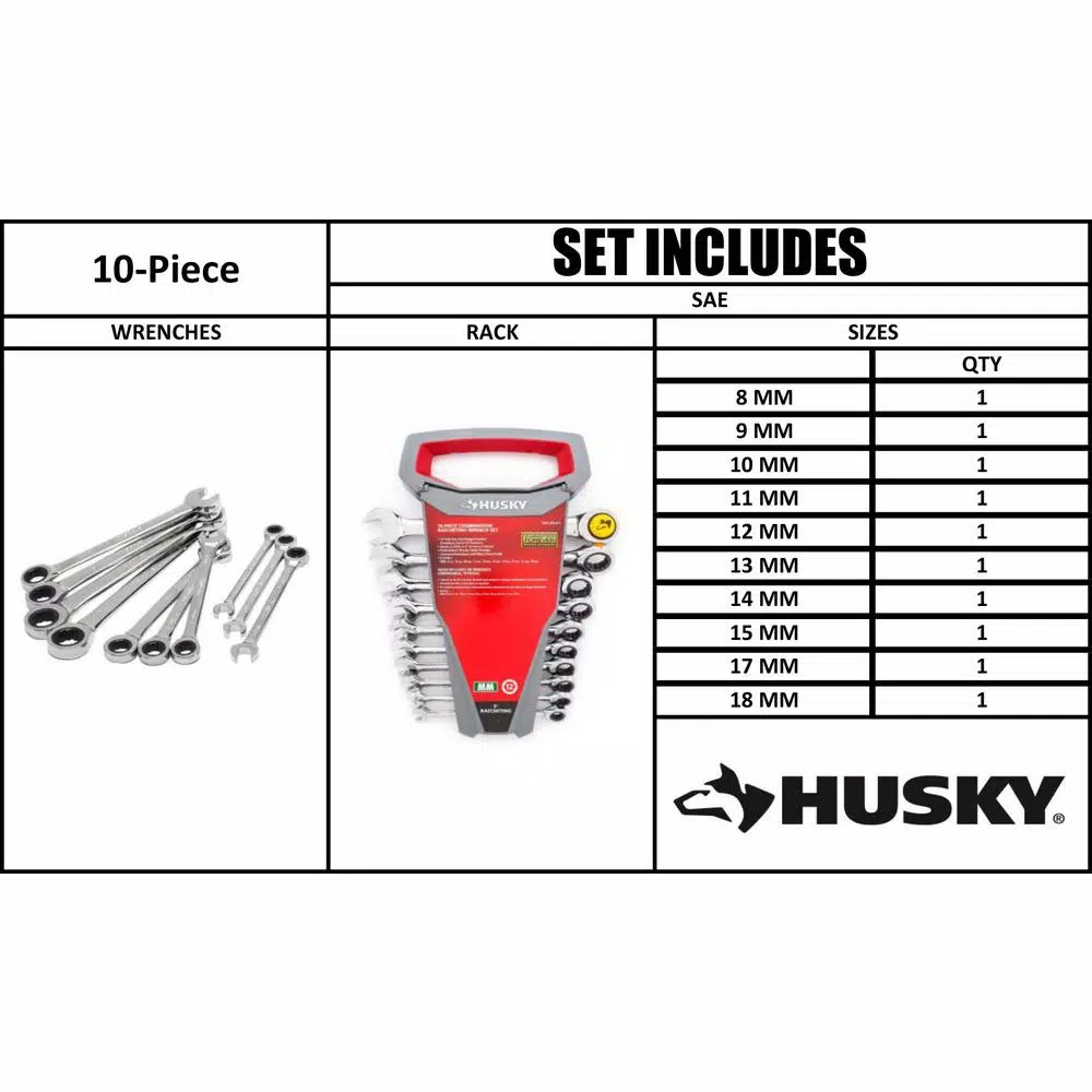Husky 10-Piece Metric Ratcheting Combination Wrench Set