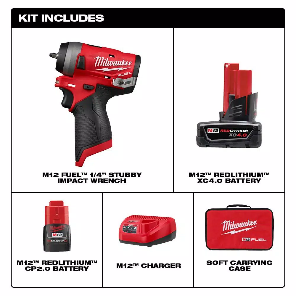 Milwaukee M12 FUEL 1/4 in. Stubby Brushless Cordless Impact Wrench Kit with Two Batteries and Charger
