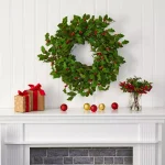 Nearly Natural 28 in. Holly Berry Artificial Wreath, Pre-Decorated Holiday Greenery thumbnail 3