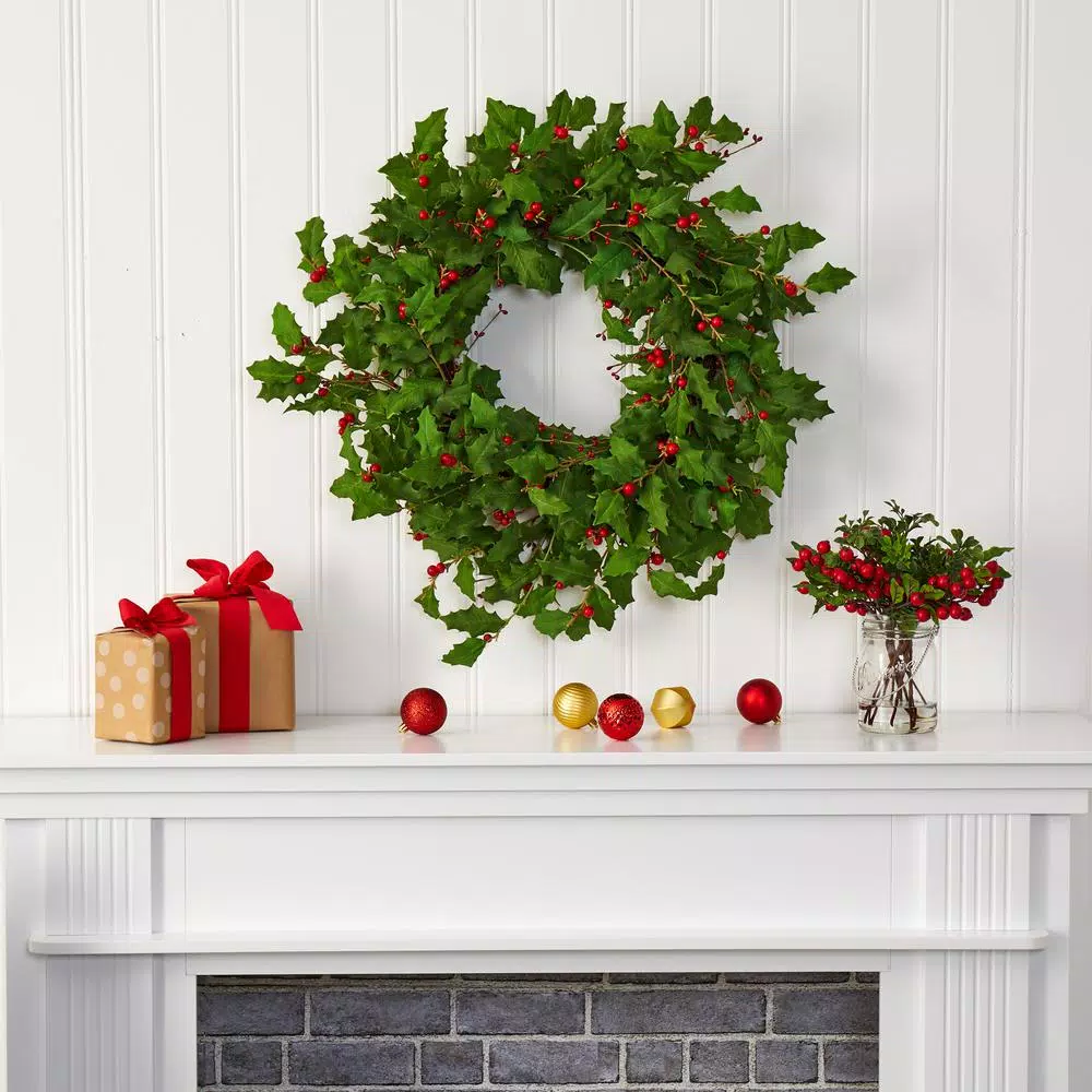 Nearly Natural 28 in. Holly Berry Artificial Wreath, Pre-Decorated Holiday Greenery