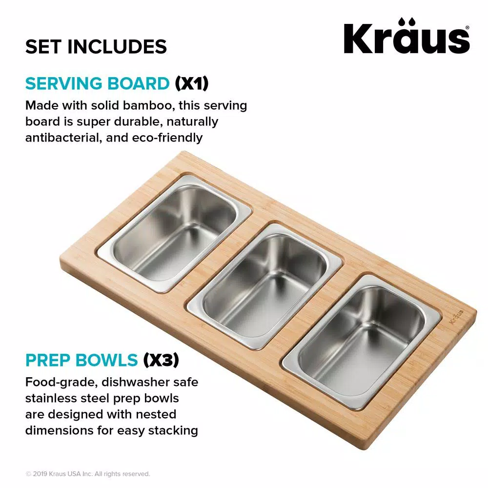 KRAUS Workstation Kitchen Sink Accessory Set: Bamboo Serving Board & 3 Stainless Steel Prep Bowls