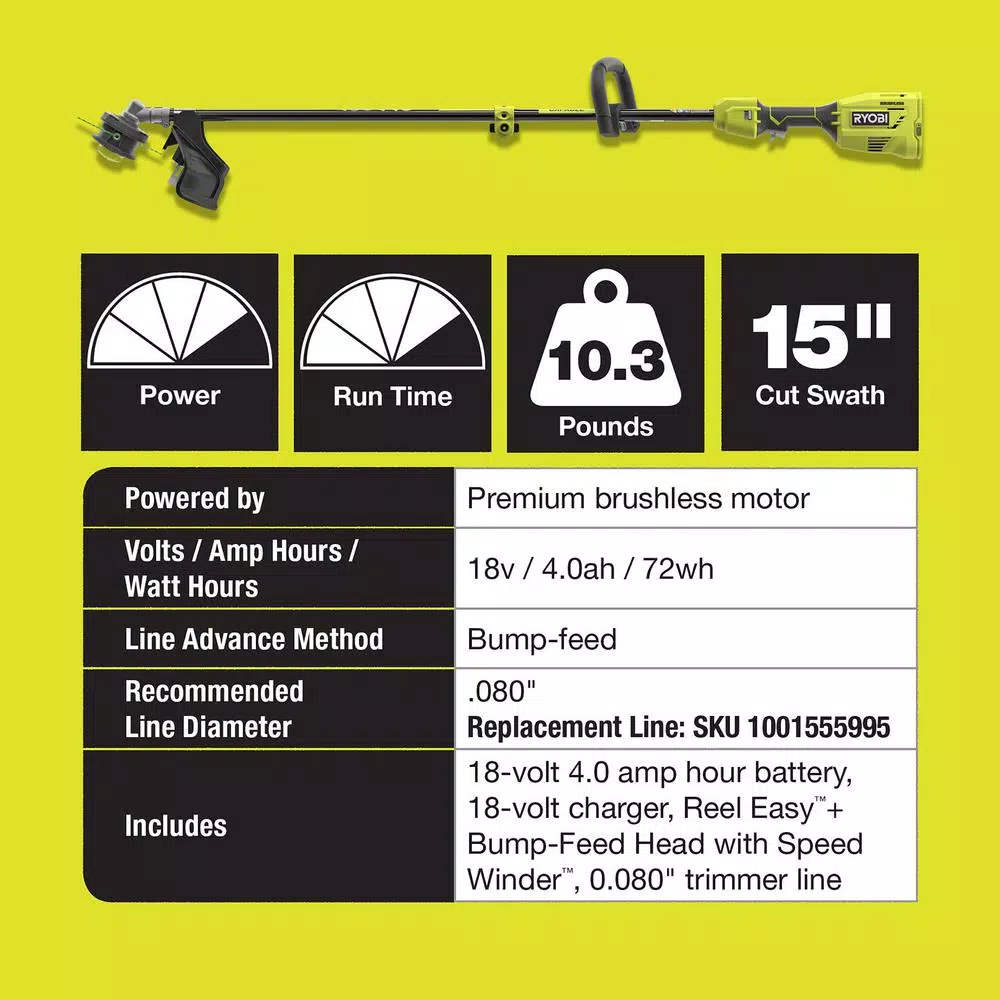 RYOBI 18V ONE+ Brushless String Trimmer and Whisper Series Blower Combo Kit with 4 Ah Battery and Charger